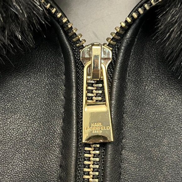 Karl Lagerfeld Black Genuine Leather Jacket W/Detachable Faux Fur Collar Medium - Picture 11 of 14